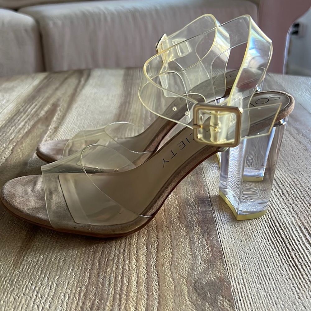 Sole Society Clear Lucite Strap Block Heel Sandals with Gold Buckle
